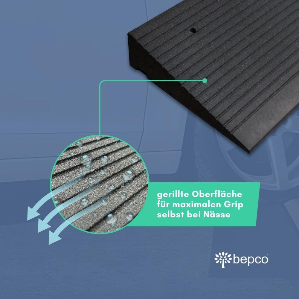 bepco Premium Schwellenrampe - Auffahrrampe, Rollstuhlrampe aus recycltem Gummi, mit eingelagerten Unterlegscheiben (ohne Befestigung, 50 x 35 x 7,5 cm)