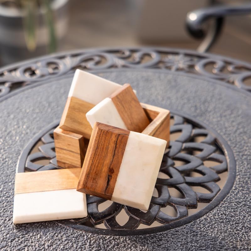 Image of Ireka Home Wood & Marble Coaster Set with Holder, Set of 4 | Handmade Stone Coasters, For Tea Cups, Coffee Mugs & Glasses, Home Decor