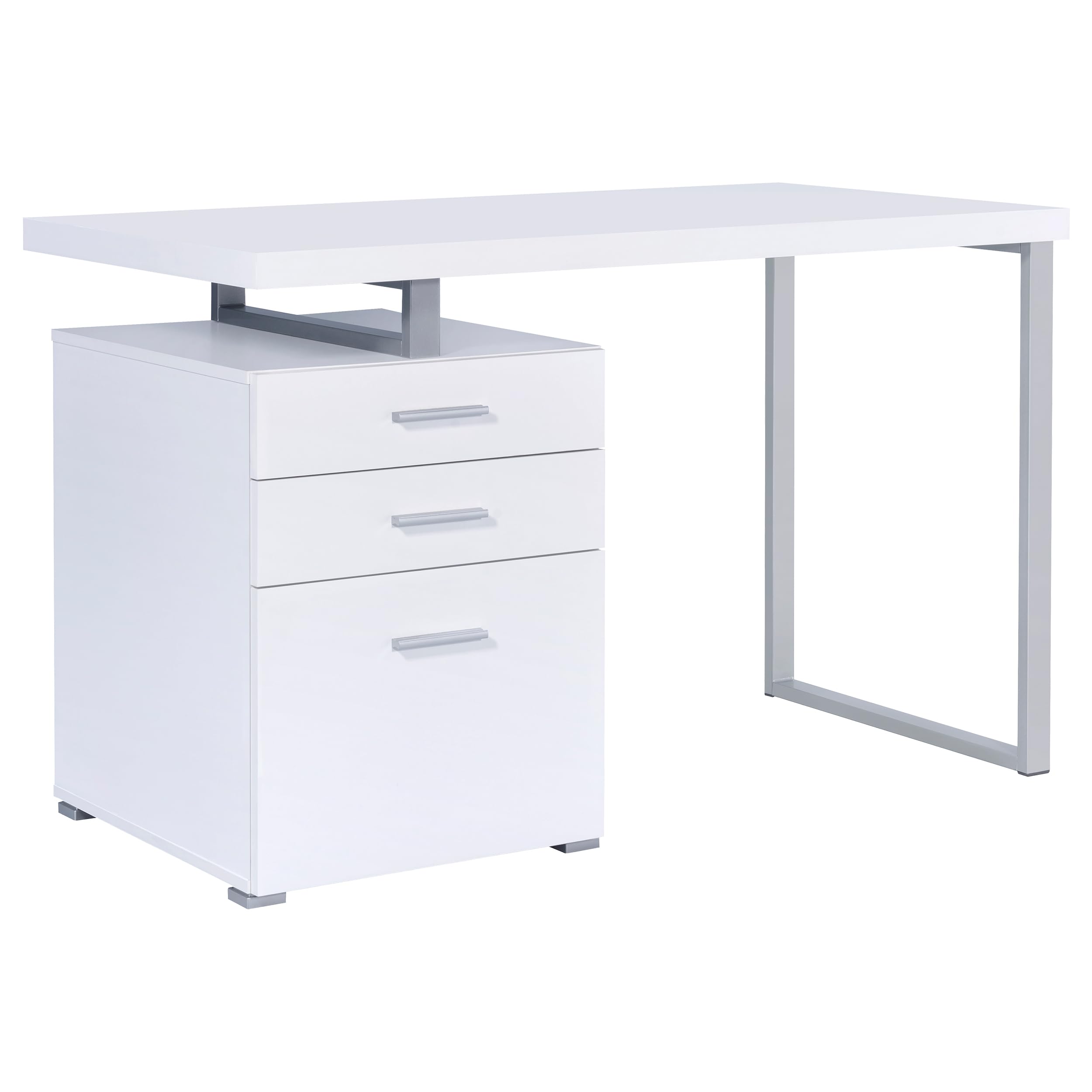 Coaster Home Furnishings Brennan Modern Contemporary Home Office 3-Drawer Writing Desk with Drawers Computer Desk Study Table File Cabinet Storage Silver Metal Frame White 800325