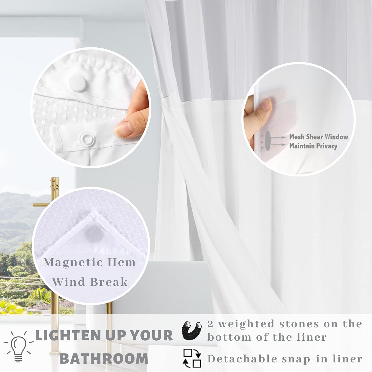 Rideau de Douche Extra Long en Tissu gaufré sans Crochet avec Doublure Amovible en Polyester 100% étanche 71" * 79"（180cm*200cm Blanc