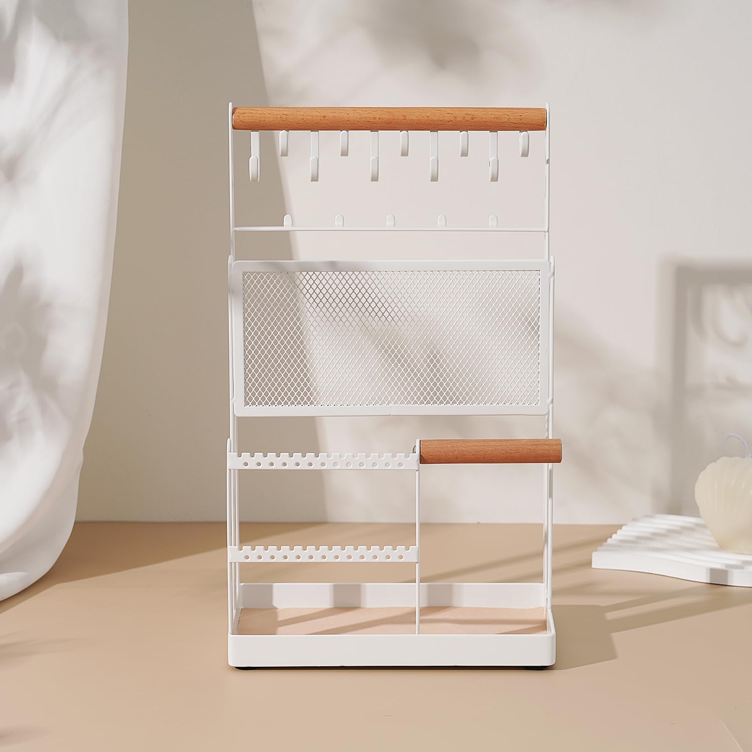 White Wooden 5-Tier Jewelry Stand with Velvet Hooks