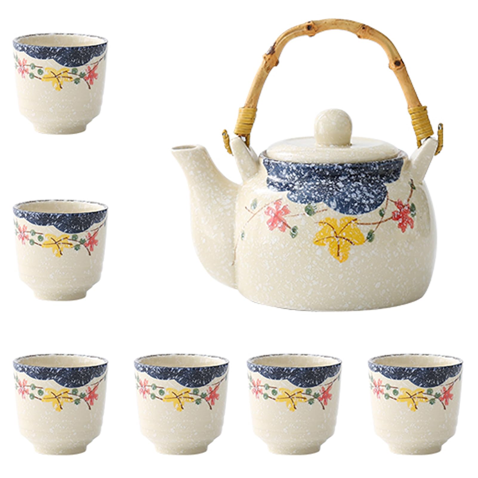 Ensemble de thé japonais en céramique véritable, théière avec anse de levage et ses 6 tasses déco