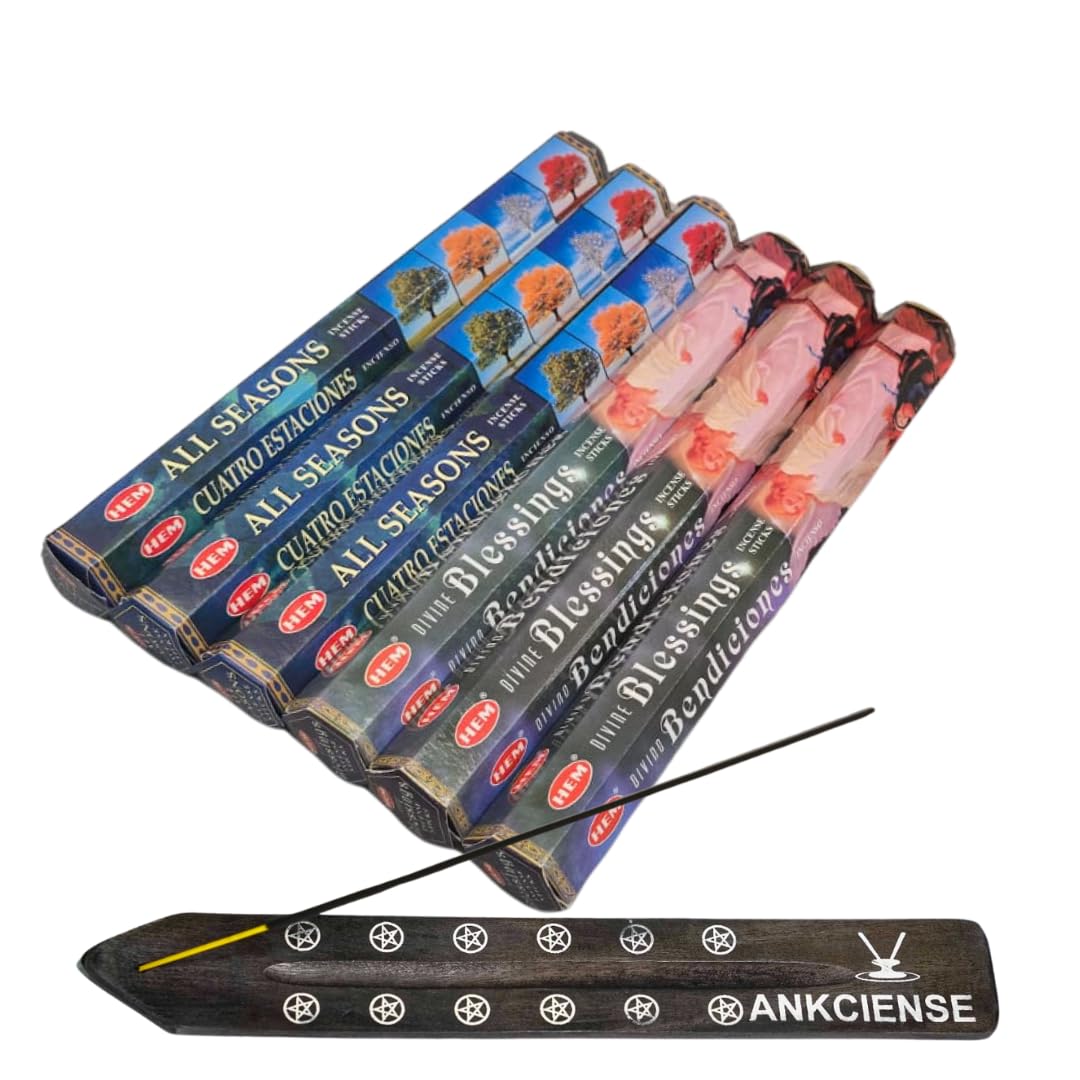 Sandalwood & Vanilla Incense from Hem Bundled with ANKCIENSE Incense Holder Bundle, Variety Pack of 120 Sticks (All Seasons & D Blessings)