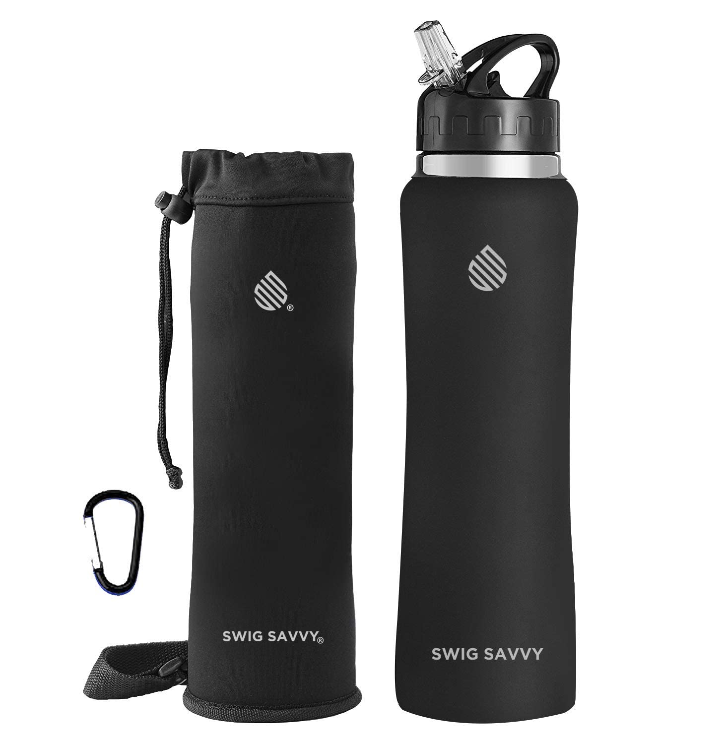 Swig Savvy Stainless Steel Insulated Leak Proof Flip Top Straw Cap Water Bottles with Pouch & Clip, Black, 25oz