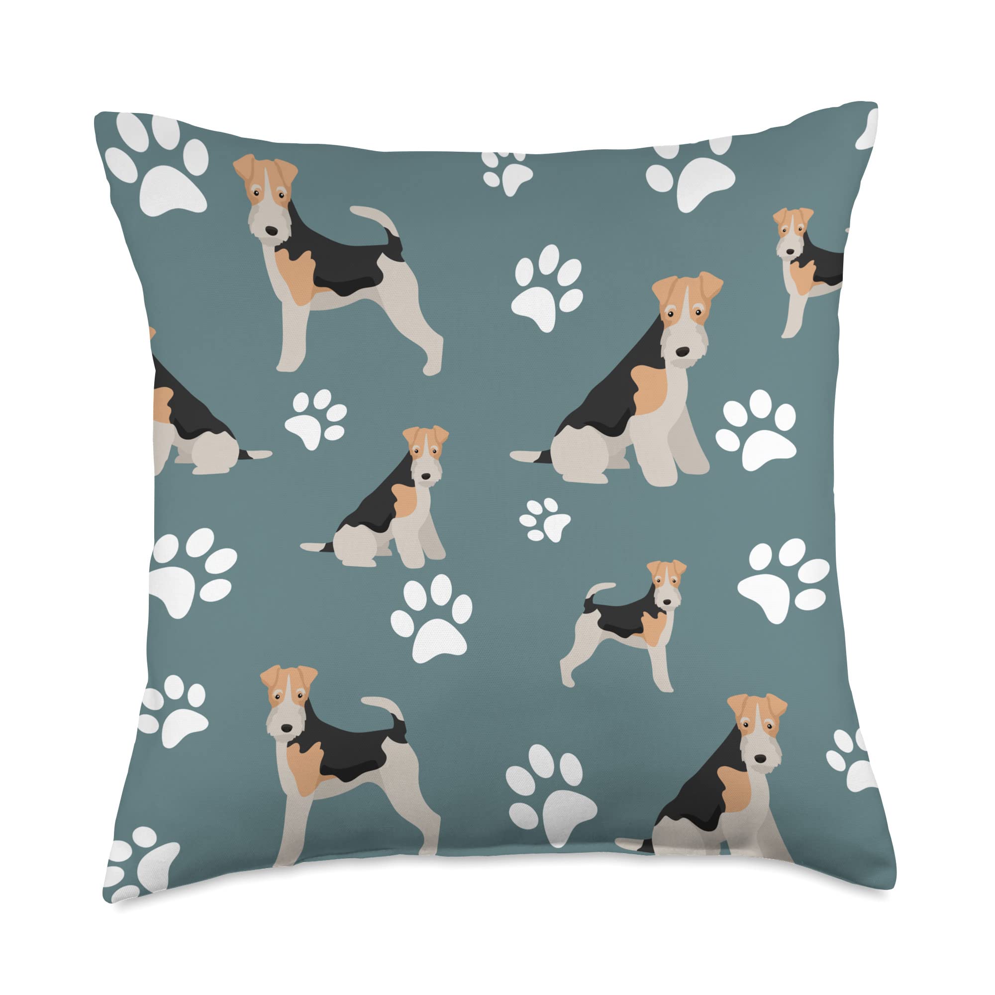Wire Haired Fox Terrier Dogs Pattern Design with Paw Prints Throw Pillow