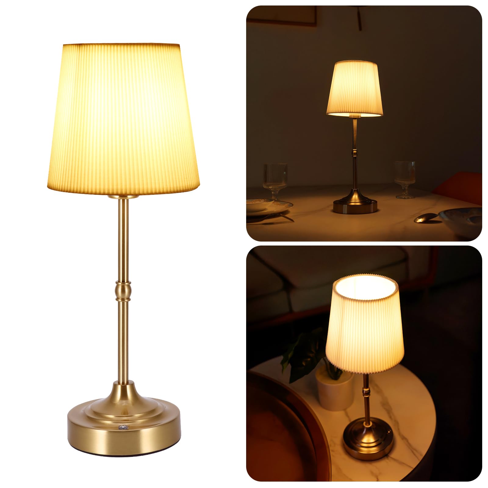 OUZHOU Cordless Rechargeable Table Lamp, Battery Operated Dimmable LED Lamp with Touch Control and Brightness Memory, Vintage Gold Bedside Table Lamp for Bedroom, Living Room and Dining Room