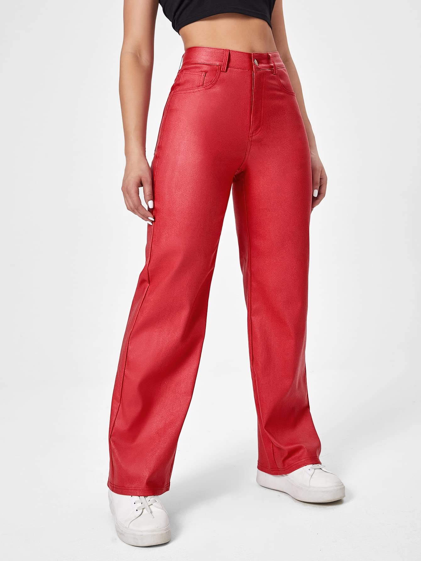 MakeMeChic Women's High Waist Pockets Straight Leg Jeans Leather Look Pants