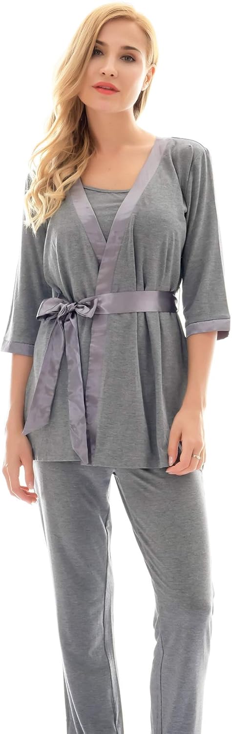 Bearsland Maternity Women's 3 Pieces Soft Nursing Pajamas Set Postpartum Sleepwear for Breastfeeding