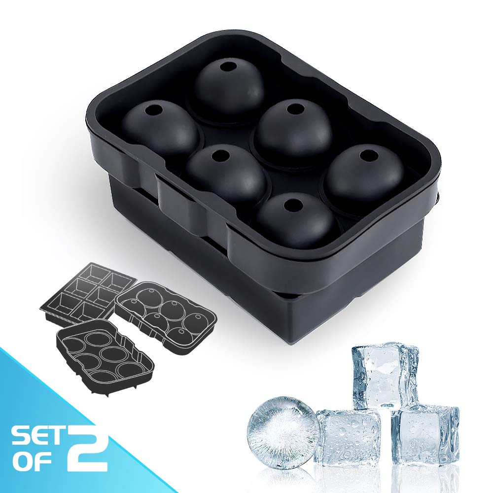 2 Black Silicone 6 Giant Ice Ball Cube Maker Use for Kids with Candy Pudding Jelly Milk Juice Chocolate Mold or Cocktails Whiskey, Look with Fruit or Edible Flowers (Set of 2)
