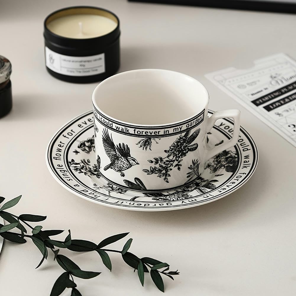 Set di 2 pezzi, Set di tazze da tè e piattini con fiori bianchi e neri, eleganti bicchieri francesi per colazione, tea party, ristorante e altro, estate – Bevande invernali, regali