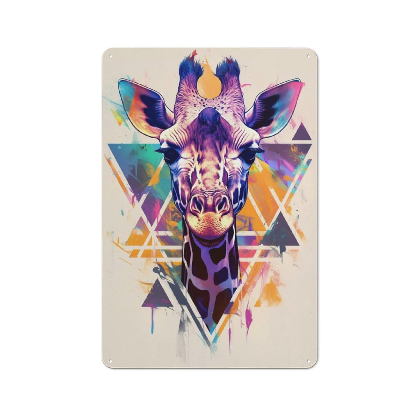 Colorful Giraffe Portrait with Geometric Background Understated Metal Wall Decor 30x20cm, Office Metal Sign for Office, Study, Studio Or Hallway