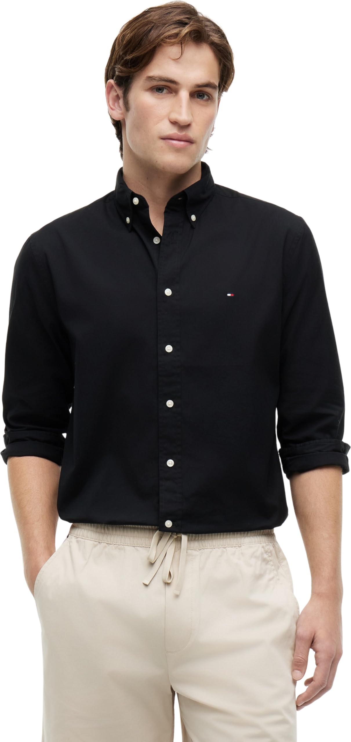 Tommy Hilfiger Core Flex Poplin Solid RF Shirt MW0MW39988 L/​S Camisa para Hombre, Color Negro, L, Negro (Negro), L