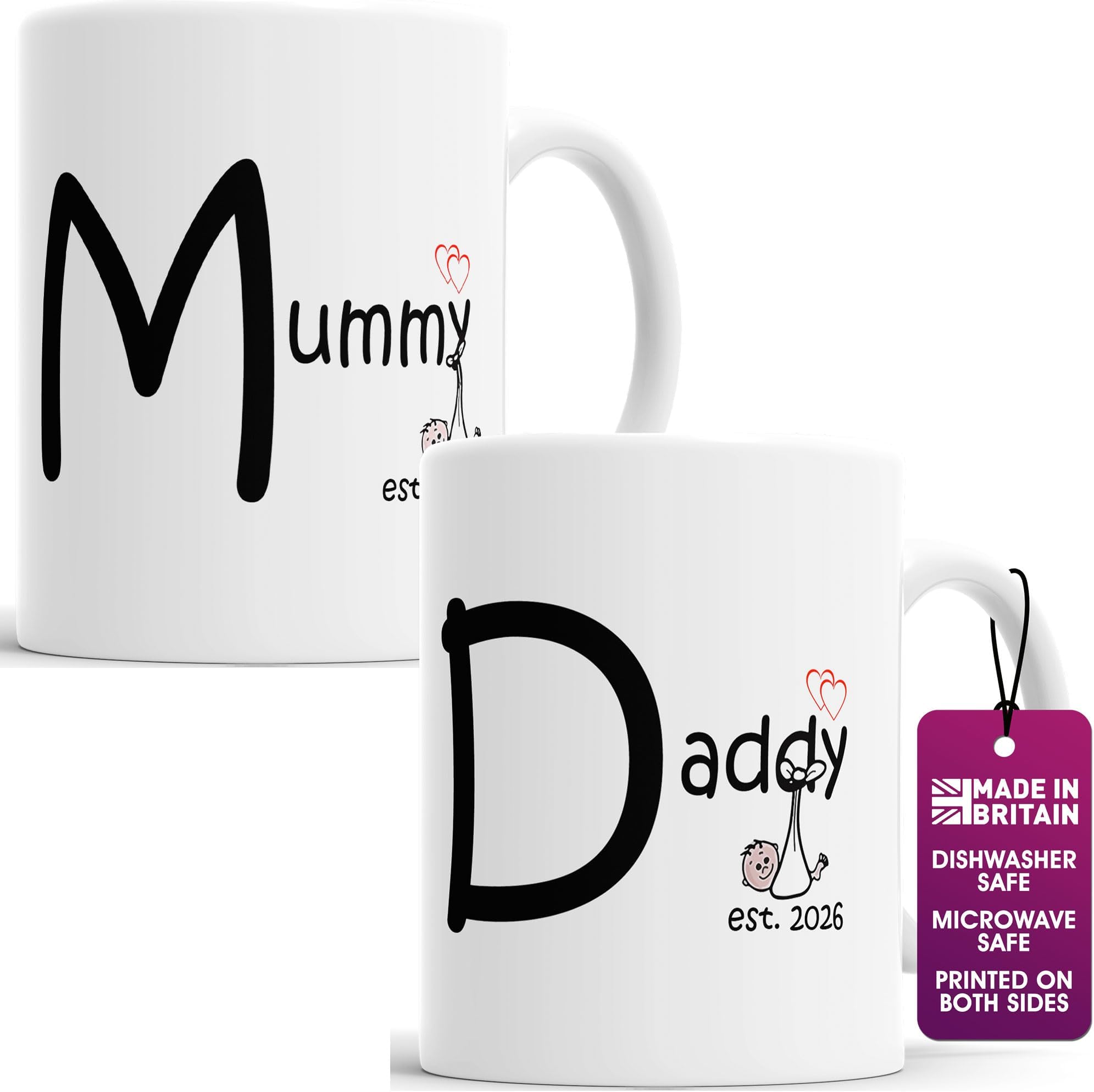 Faithful Prints Mummy and Daddy 2026 Mugs Set, Personalised for New Parents Mum and Dad, Mother, Father, White, 11 Ounce