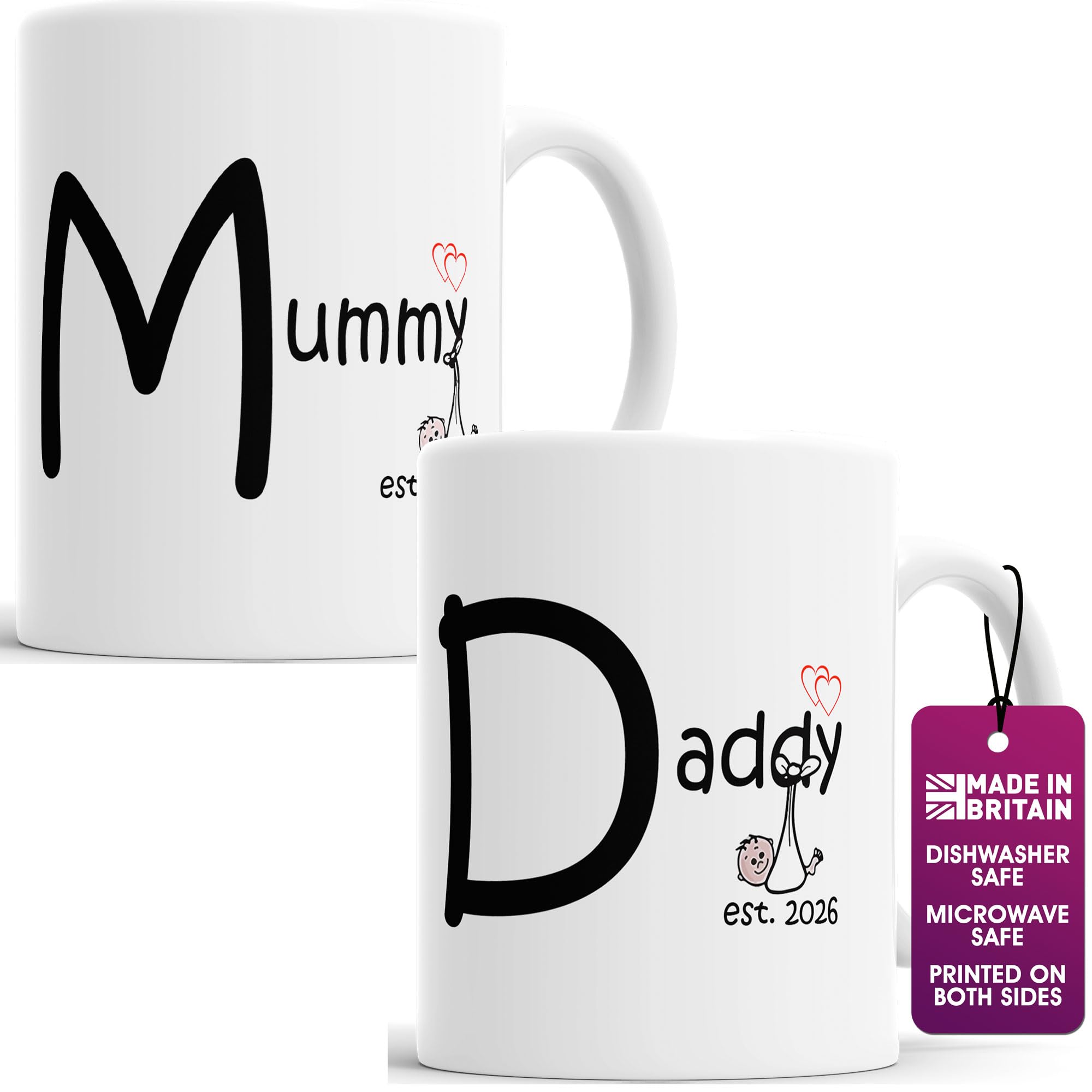 Faithful Prints Mummy and Daddy 2025 Mugs Set, Personalised for New Parents Mum and Dad, Mother, Father, White, 11 Ounce