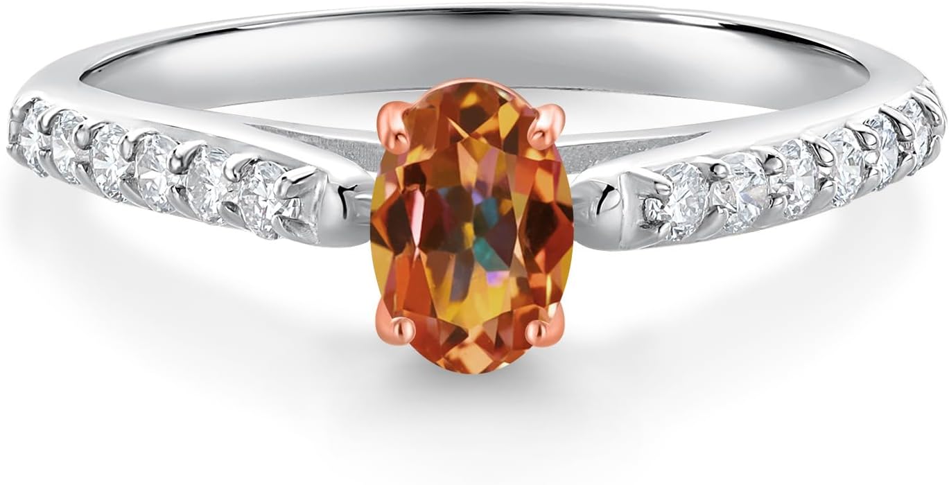 Gem Stone King 10K White and Rose Gold Oval Gemstone Birthstone and Lab Grown Diamond Engagement Ring for Women | Oval 6X4MM | Available in size 5, 6, 7, 8, 9