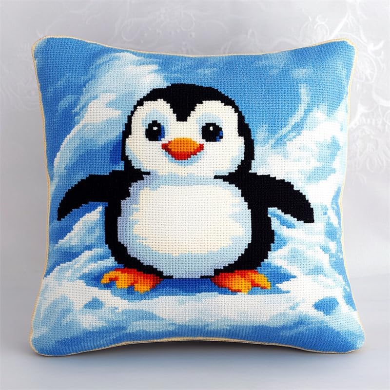 Walluminati DIY 11CT Stamped Cross Stitch Pillow Kits, Cute Penguin Needlepoint Pillow Kit Embroidery Pillowcase Counted Needlepoint Handmade Cushion Cover Home Sofa Decoration 18x18inch
