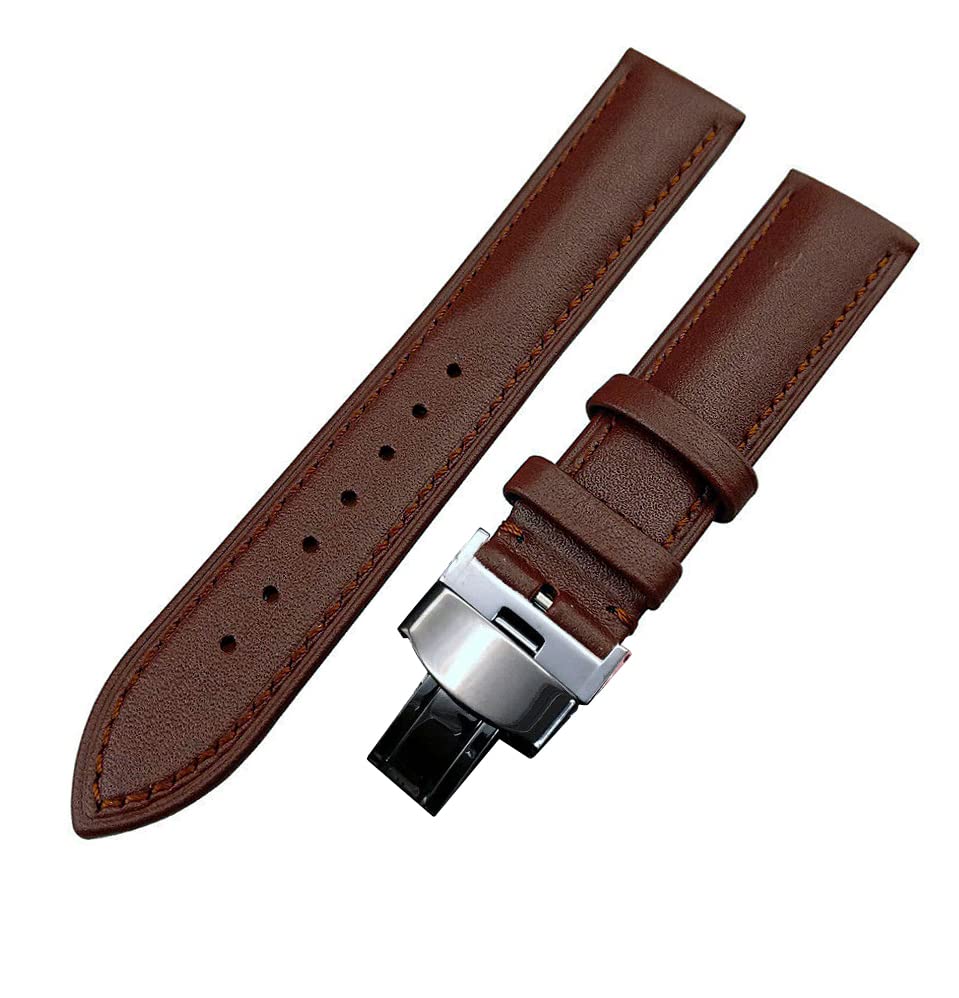 Image of 18mm 19mm 20mm 21mm 22mm 23mm 24mm Genuine Leather Butterfly Deployment Clasp Buckle Watch Band Strap Black Dark Brown TAN Blue Rose Black Gold White