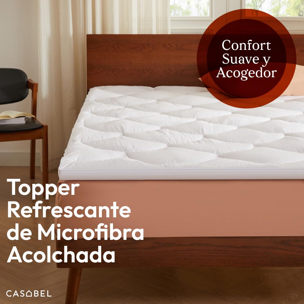 CASABEL Cubrecolchón 160 x 200 cm de Microfibra Refrescante, Relleno de Fibra Hueca 600 gsm, 4 cm de Grosor, Sujeción Elástica, Topper para Cama Doble 160x200