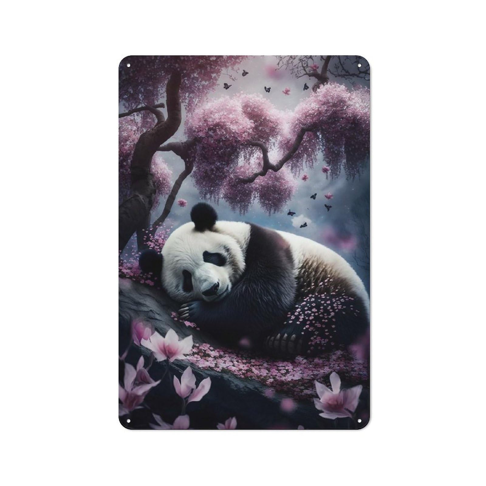 Junmoney Panda Sleeping In Cherry Industrial-Style Tin Sign 30X20cm For Garage Or Workshop, For Garage, Workshop And Man Cave Decoration