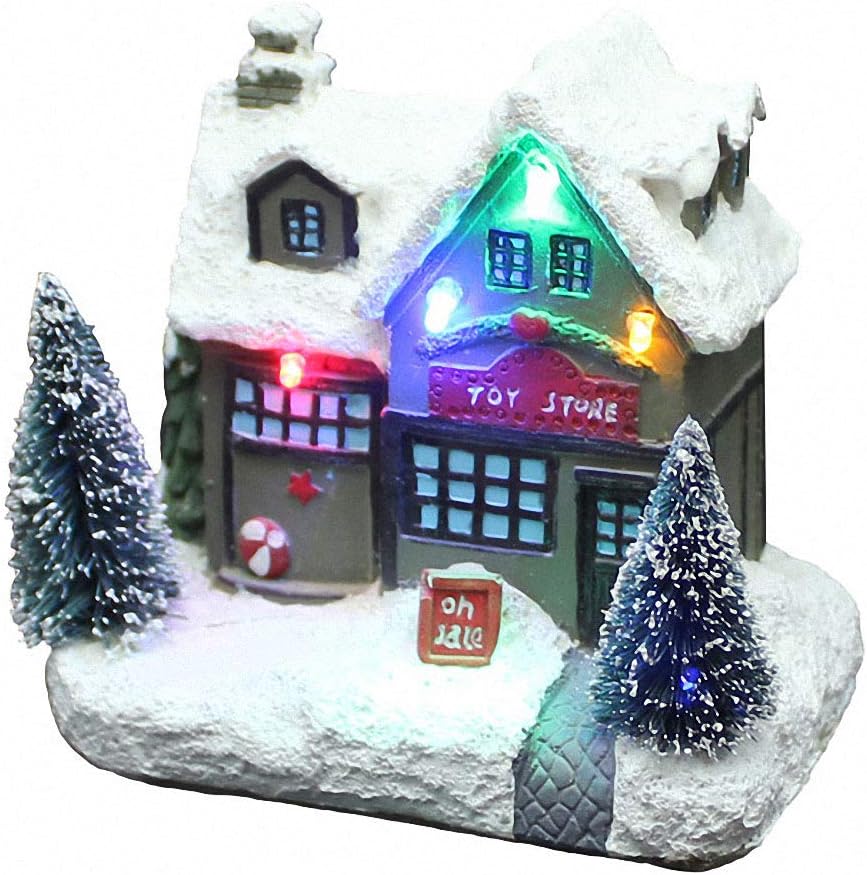 QPURP Christmas Village House Store with LED RGB Light Christmas Ornaments Holiday Decoration