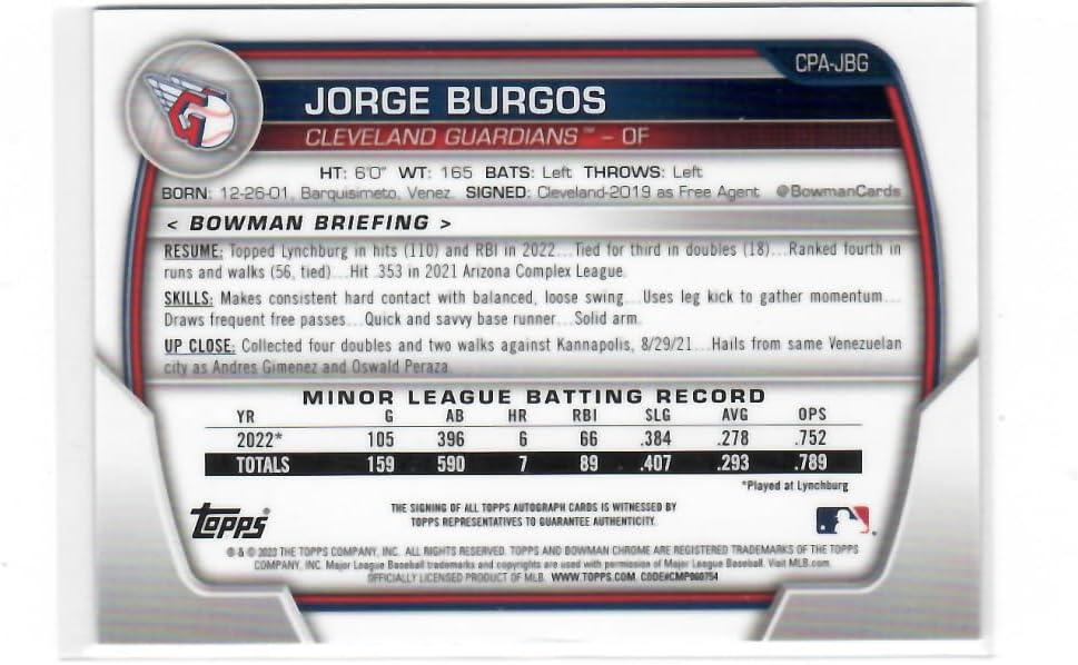 2023 Bowman Chrome Prospect Autograph #CPA-JBG Jorge Burgos Autographed Cleveland Guardians Baseball NM-MT