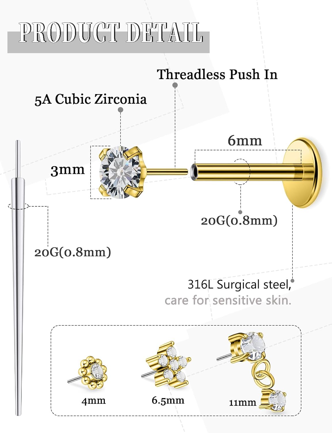 14K Gold Filled 20G 18G 16G Threadless Flat Back Earrings Studs Surgical Stainless Steel Push In Nose Rings Studs Tragus Forward Helix Conch Cartilage Earrings Piercing Jewelry For Women Men - Image 2