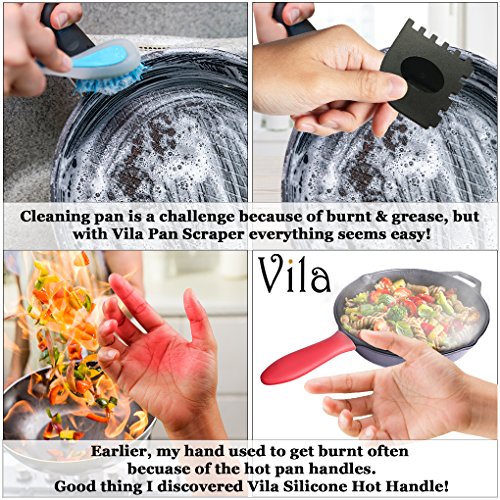 Vila Pan Scraper, 6-In-1 Pack Kitchen Solution, Silicone Hot Handle Holders, Durable & Flexible Plastic Material, Fits Curved & Flat Corners, Multi Usage, Red & Black Brand: Vila #TOP3