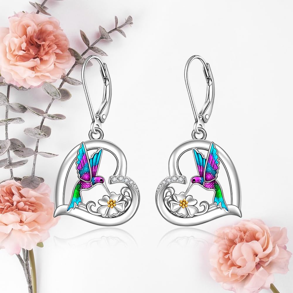 Hummingbird Earrings for Women Sterling Silver Purple Hummingbird Dangle Heart Flower Cute Bird Jewelry Filigree Memorial Mothers Day Healing Gifts - Image 6