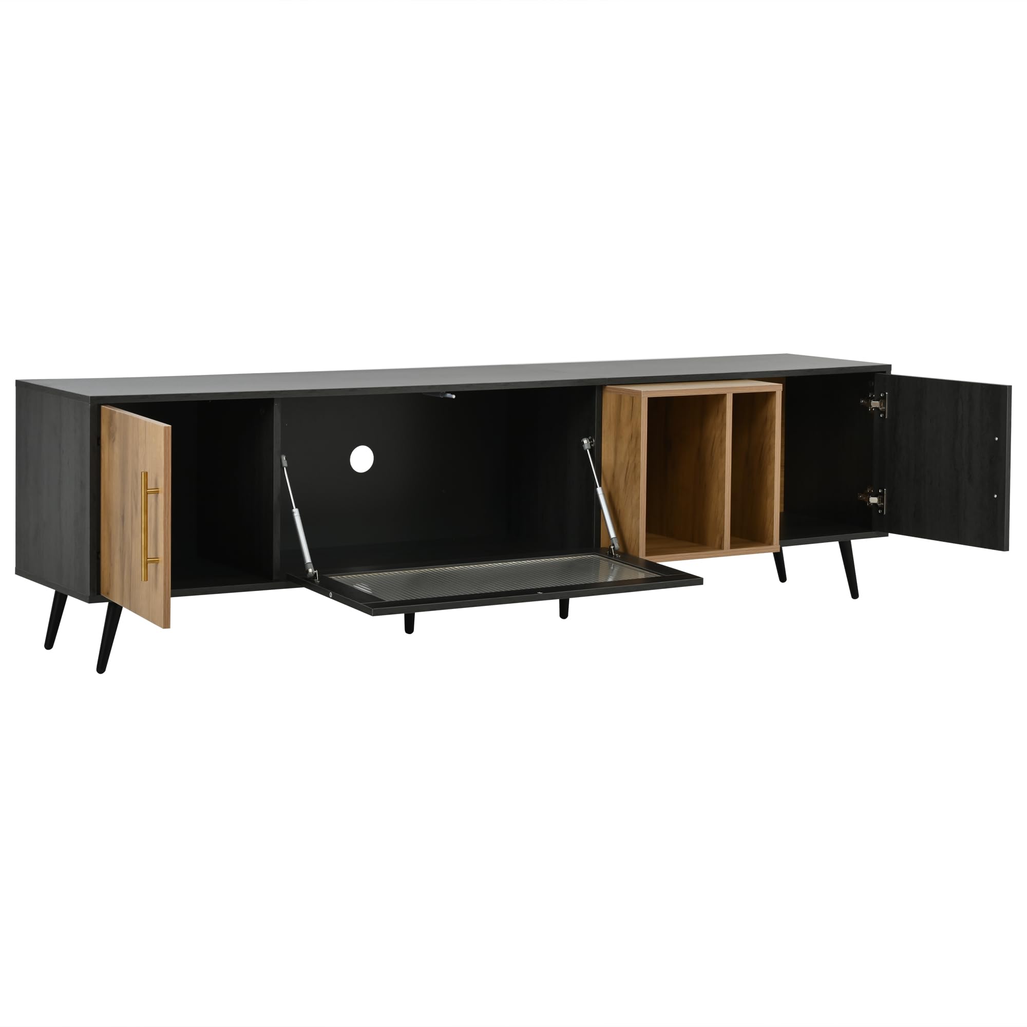 Rtopsu Mobile TV, Tavolo TV Basso per TV Fino a 90 Pollici, Scaffale TV con 3 Ante e 4 Vani Portaoggetti Mobile per Soggiorno Sala da Pranzo Camera da Letto, 200x40x55.5 cm, Legno, Grigio & Marrone