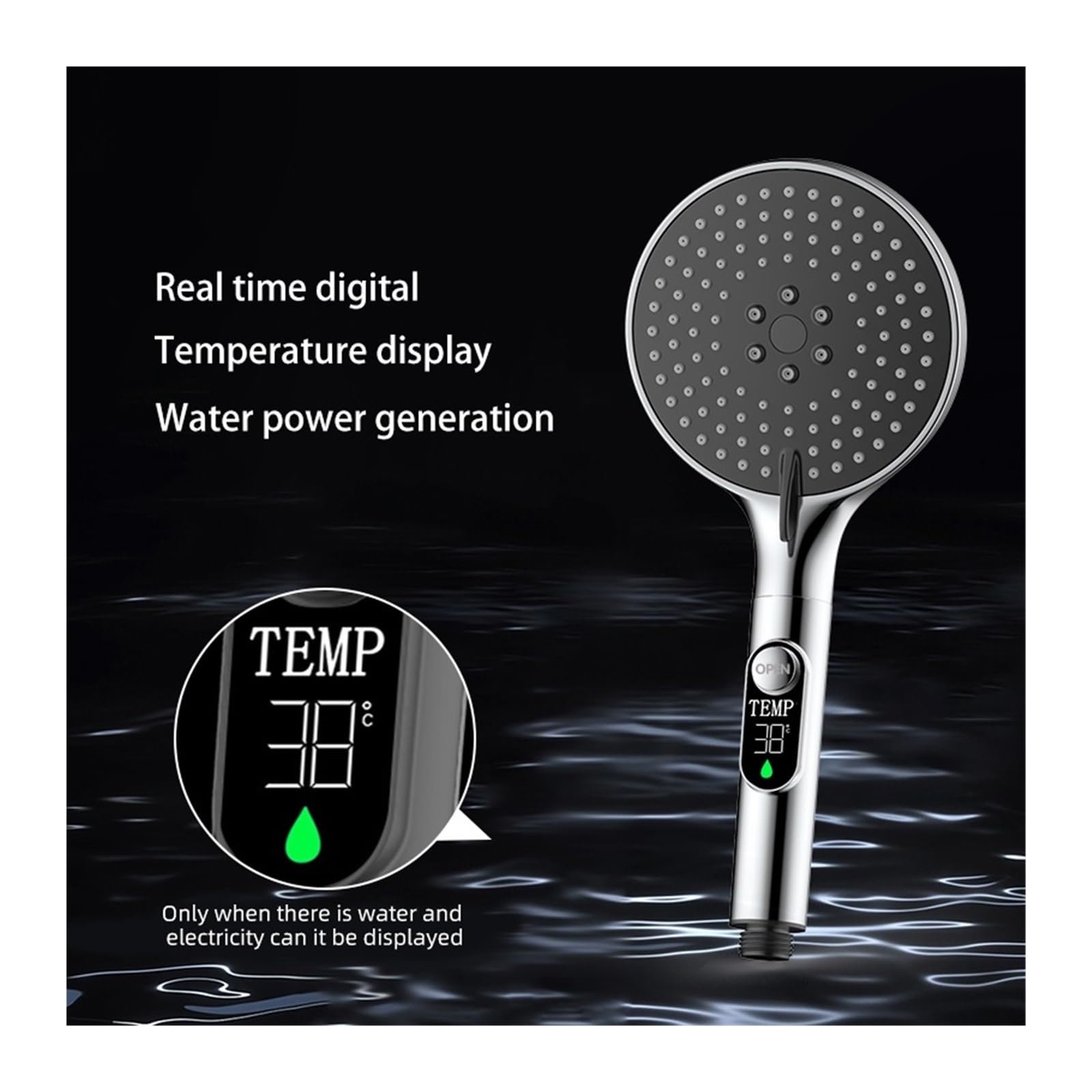 LED-Handbrause mit digitaler Temperaturanzeige, 3 einstellbare Geschwindigkeiten, wasserbetrieben, keine Batterie (G)
