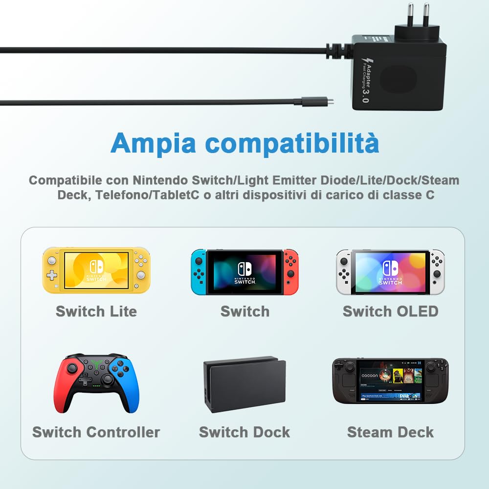 Cargadores Switch para Nintendo Switch/Switch Lite/Switch OLED, adaptadores de Carga rápida 15v 2.6a, con Cable de Cargador 5ft, Soporte para el Modo de televisión