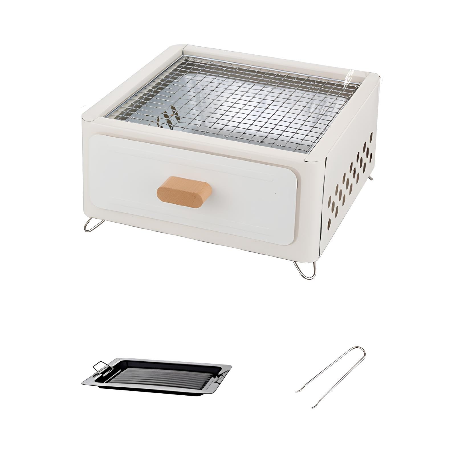 Barbacoa de Mesa para Acampada, Parrilla de Carbón Paranics, Parrilla con Sartén, Bandeja Extraíble para Carbón, Rejillas de Ventilación/White