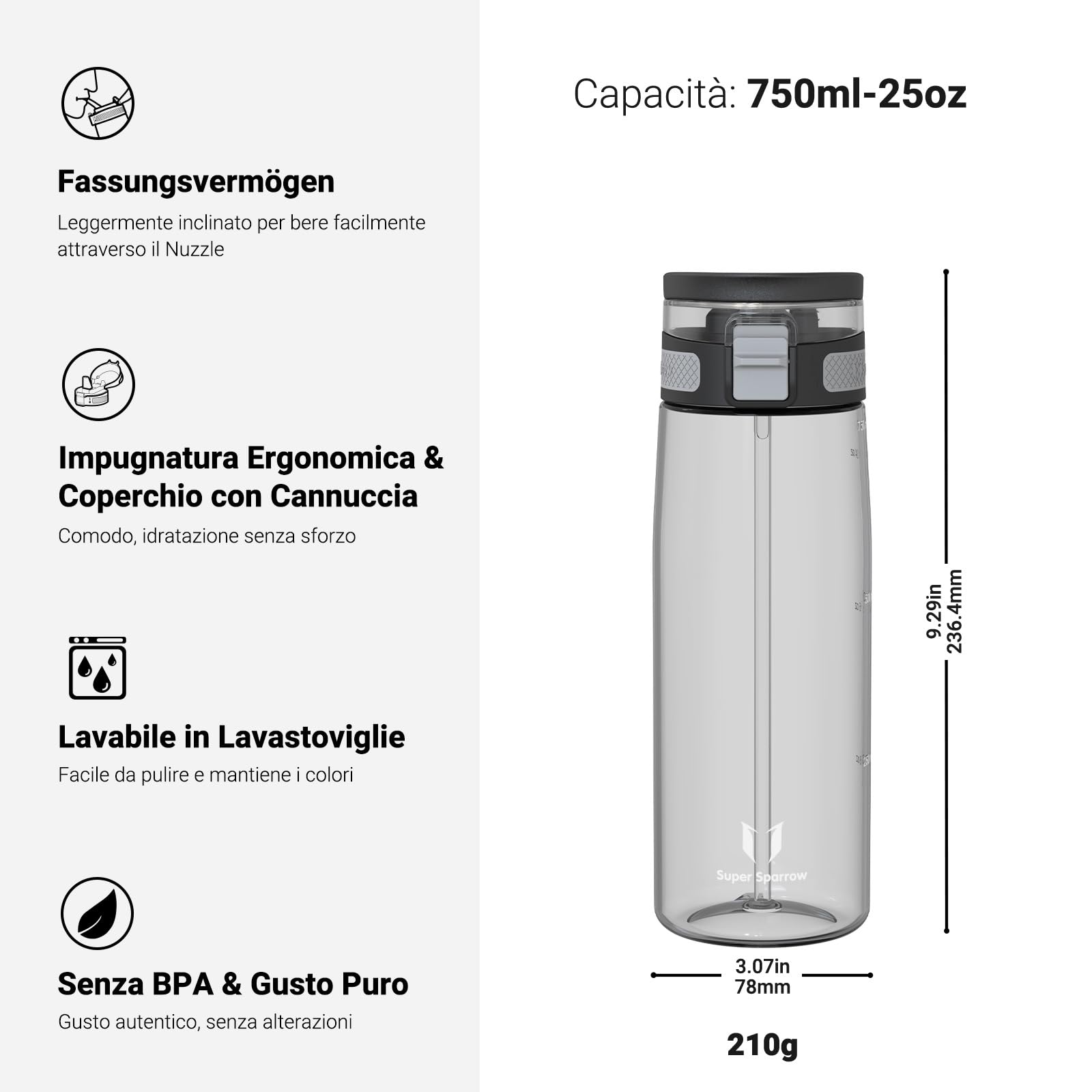 Super Sparrow Borraccia - TouchSip Sportiva Bottiglia - 500ml/750ml/1L - Tritan Senza BPA, a Prova di Perdite - Borracce con Cannuccia Ideale per Scuola e Sport