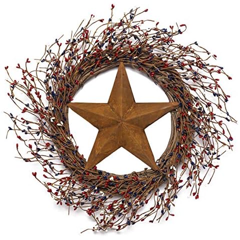 NeoL'artes Patriotic Wreath with Red, White and Blue Pip Berries and Barn Star, Americana Wreath,4th of July Decor Wreath,Primitive Wreath, Rustic Wreath Cover