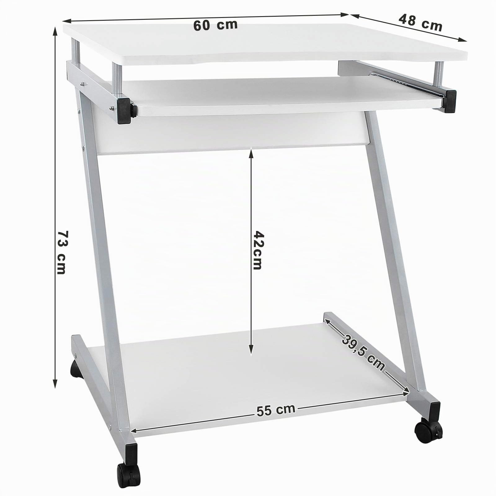 VASAGLE Schreibtisch, Computertisch mit 4 Rollen, 2 Davon mit Bremsen, PC-Tisch leichtgängiger Tastaturauszug, erleichterte Montage, platzsparender PC-Tisch in Z-Form, weiß, LCD811W, 60 x 48 x 73 cm