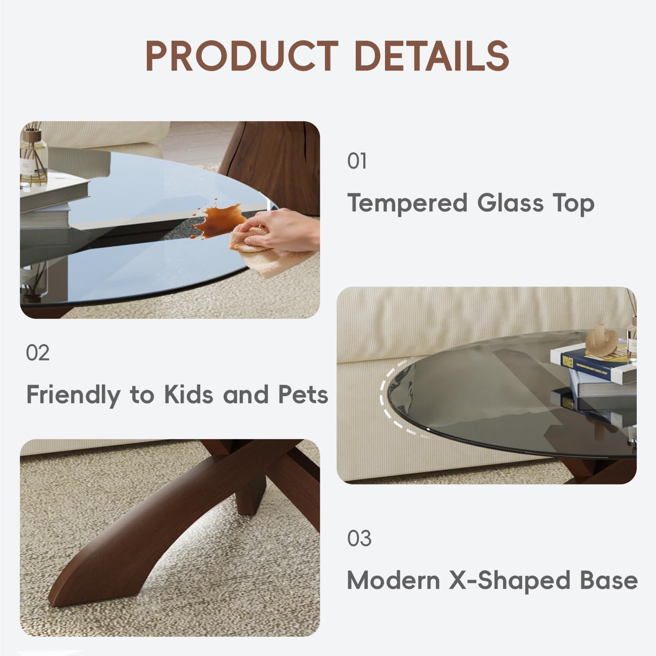 Honyee Glass Coffee Table, 30.7” Round Coffee Table with Tempered Glass Top, Walnut Wood X-Shaped Base, Stable Modern Center Table for Living Room, Apartment and Small Spaces - Image 4