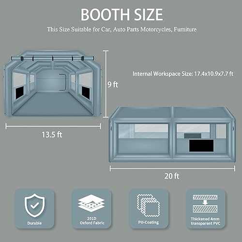Miniatura 2 de 20 x 13.5 x 9 pies cabina de pulverización inflable con un soplador 1100W, cabina de pintura aerógrafo, tiendas de campaña para acampar,