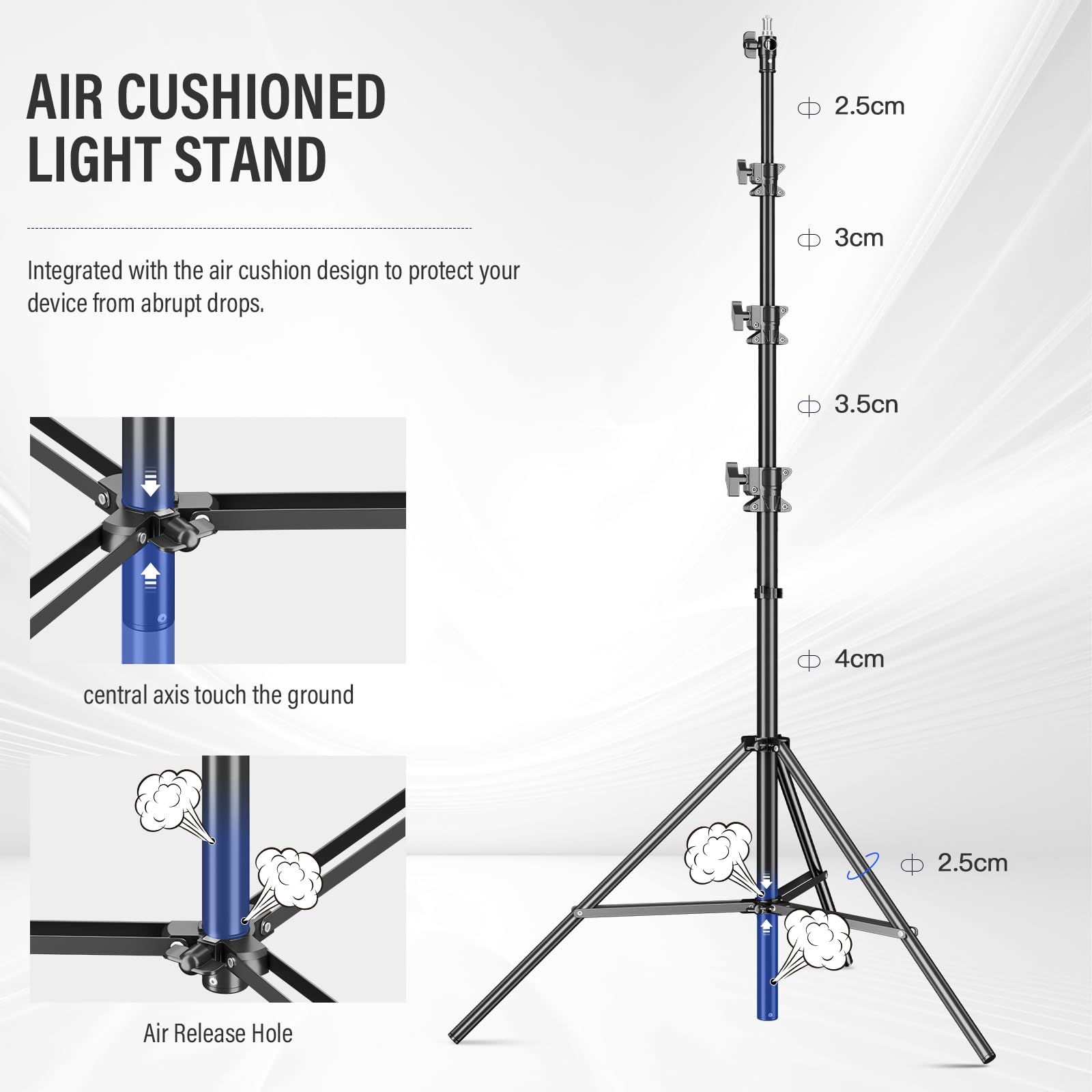 Soonpho 440cm AIR Pro Lampenstativ Luftgedämpftes Lichtstativ Metal Aluminium 4.4m max Höhe 15kg Traglast,stabil & komfortabel Leuchtenstativ für Film Fotografie Studio Outdoor Photography