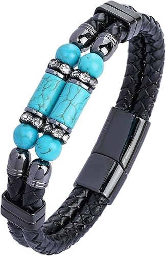 Pulsera de cuero para hombre, turquesa, ojo de tigre, obsidiana, piedra de lava, trenzada, multicapa, brazalete Barcelet, caja de joyería y embalaje