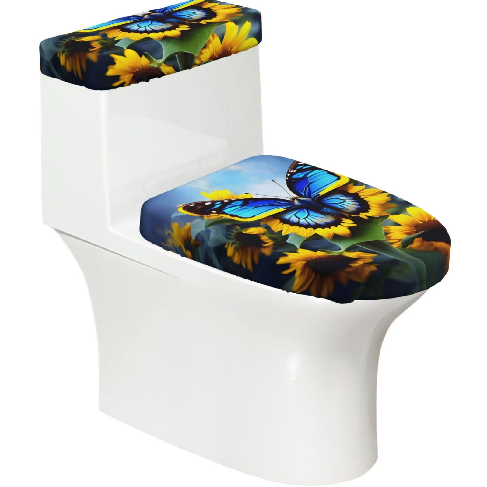 Sunflower Blue Butterfly 2-Piece Toilet Seat Cover Set with Tank Lid - Elastic for U-Shape & Elongated - Bathroom Decor