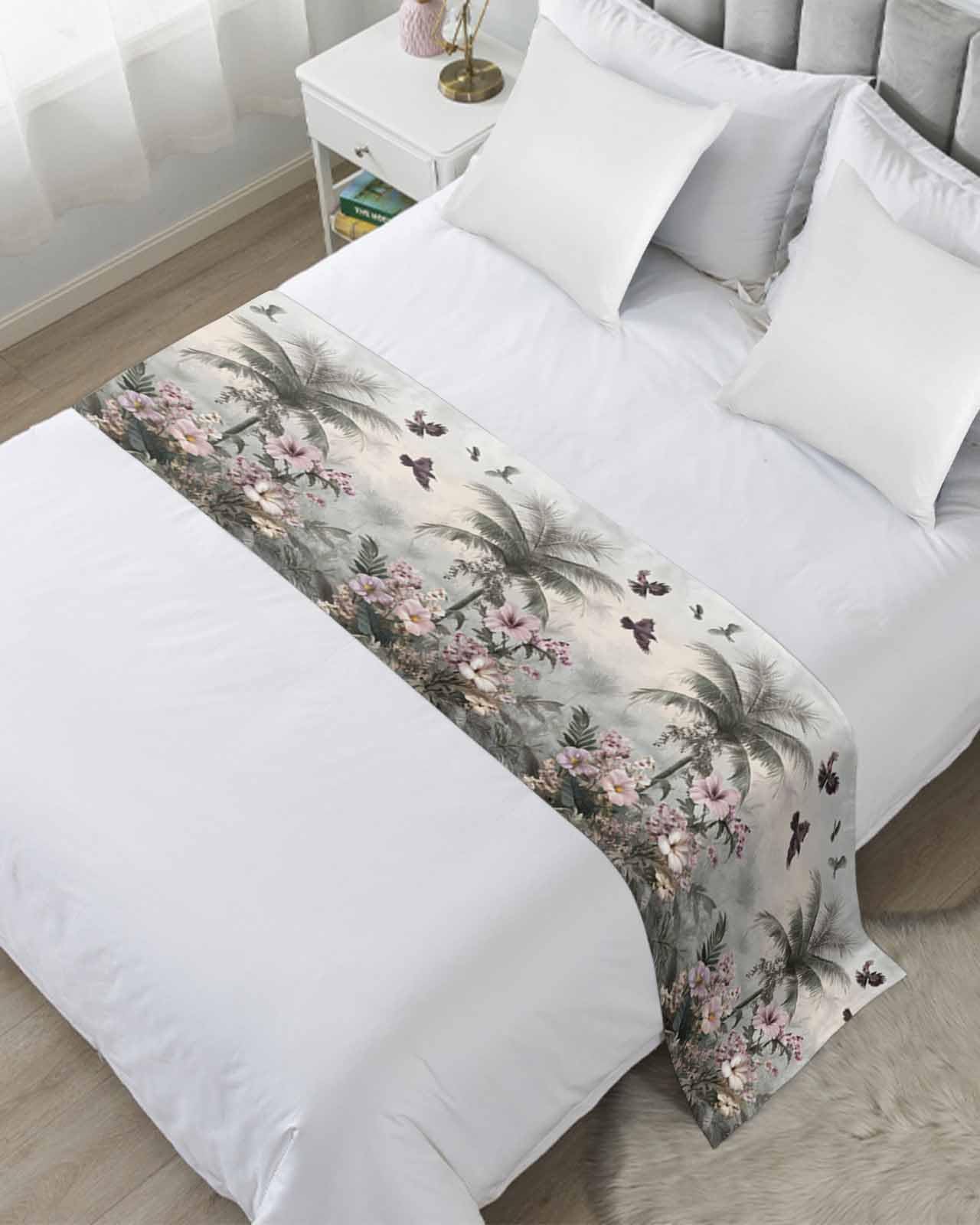 DecorLovee Vintage Botanical Bed Runners for Cal King Size Bed, Decorative Bed Throws for Foot of Bed, Retro Palm Tree Spring Floral Bed Runner Sofa Throw Bedding Scarf Protector Slipcover for Bedroom