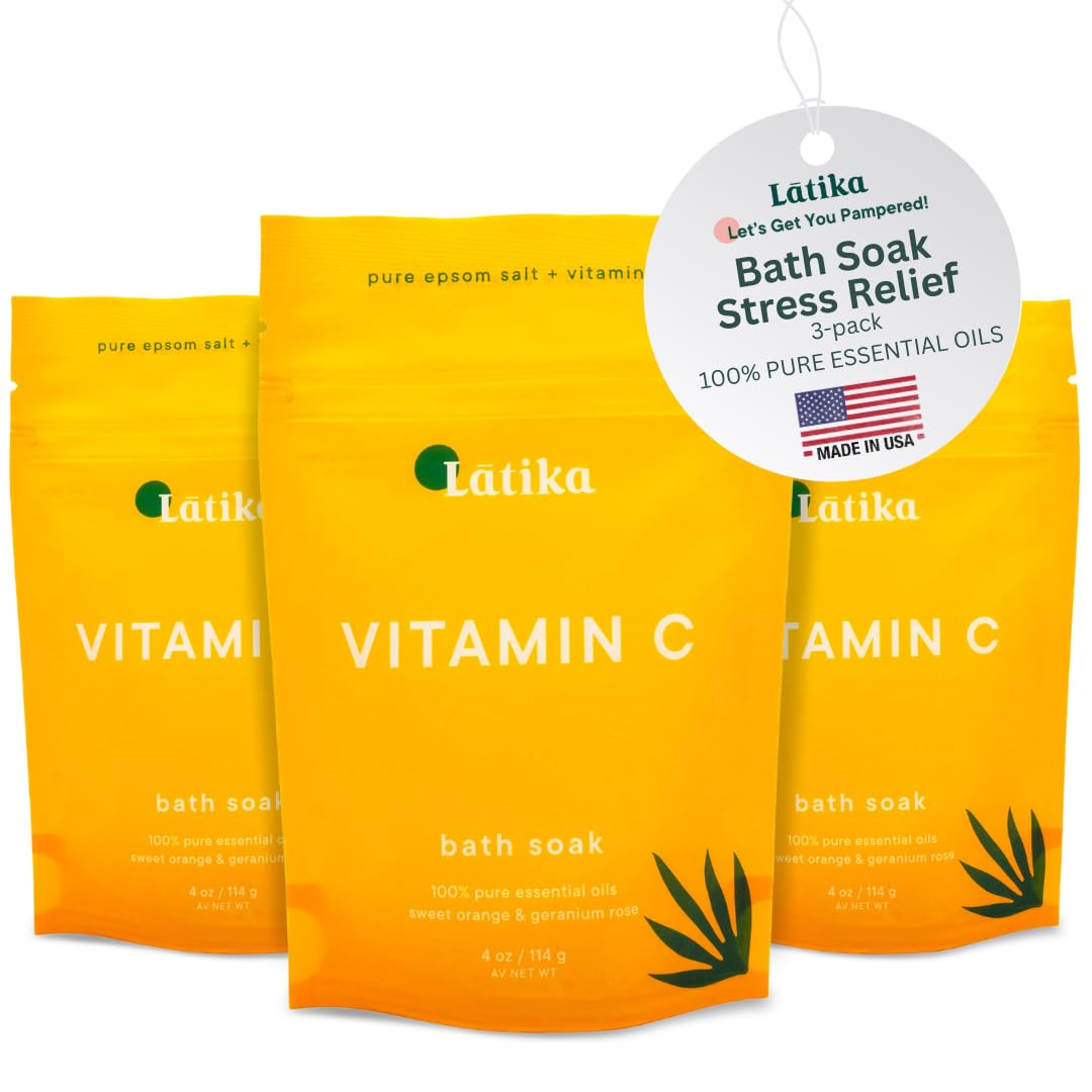 Latika Soaks Set of 3 - Vitamin C Bath Soaks with Sweet Orange and Geranium Rose - Moisturizing Epsom Salt Soaks for Stress Relief, Detox, and