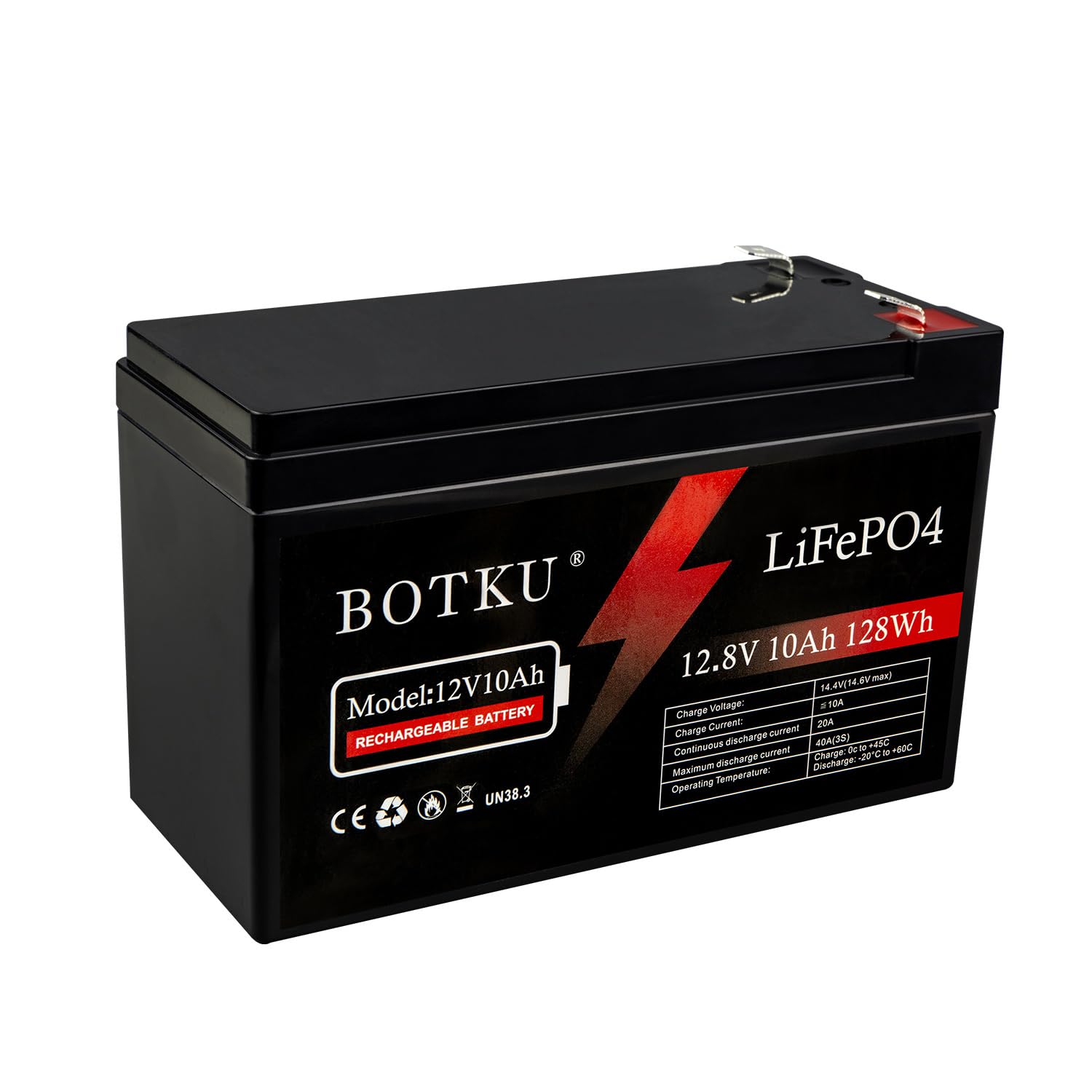 BOTKU 12V 10Ah Lithium LiFePO4 Deep Cycle Battery, 3000+ Cycle Rechargeable Lithium Iron Phosphate Battery for Solar, Fish Finder, Power Wheels, Lighting, Off-Grid Applications with 10A BMS