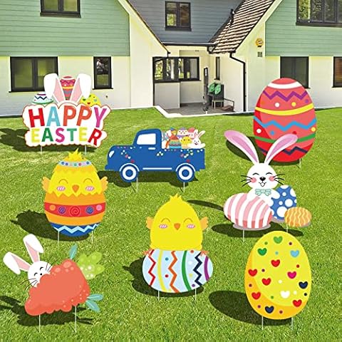 ANTIC DUCK 8PCS Easter Bunny Eggs Yard Signs Easter Outdoor Decorations Easter Lawn Stakes Chick and Eggs Yard Signs Stakes Bunny Drive in Cars for Easter Party Garden Outdoor DIY Decorations Cover