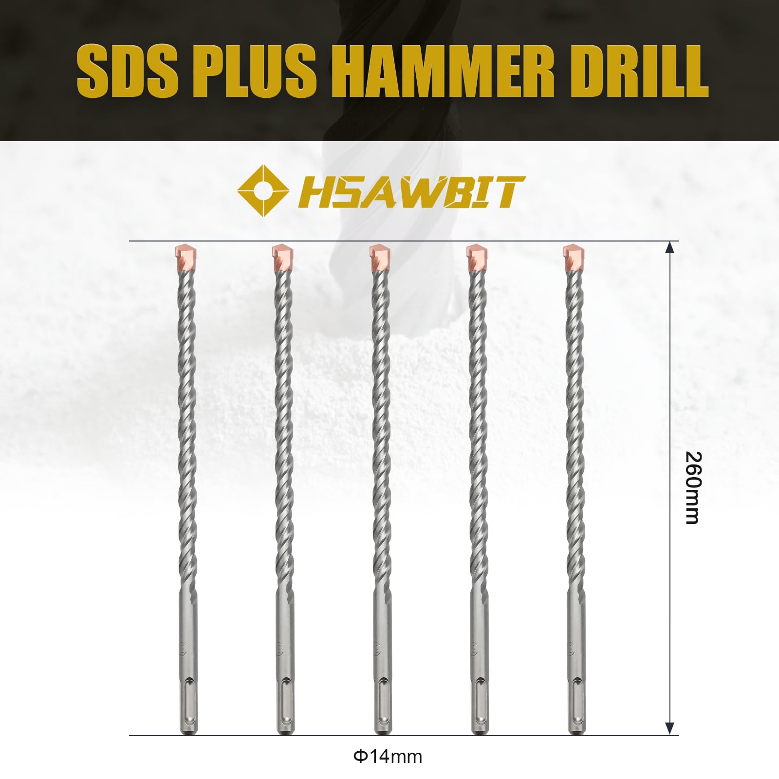 HSAWBIT 5 PACK OF - 14mm x 260mm LONG SDS MASONRY DRILL BIT, TUNGSTEN CARBIDE TIP SDS PLUS SHANK, FOR WALL STONE CONCRETE BRICK - Image 2