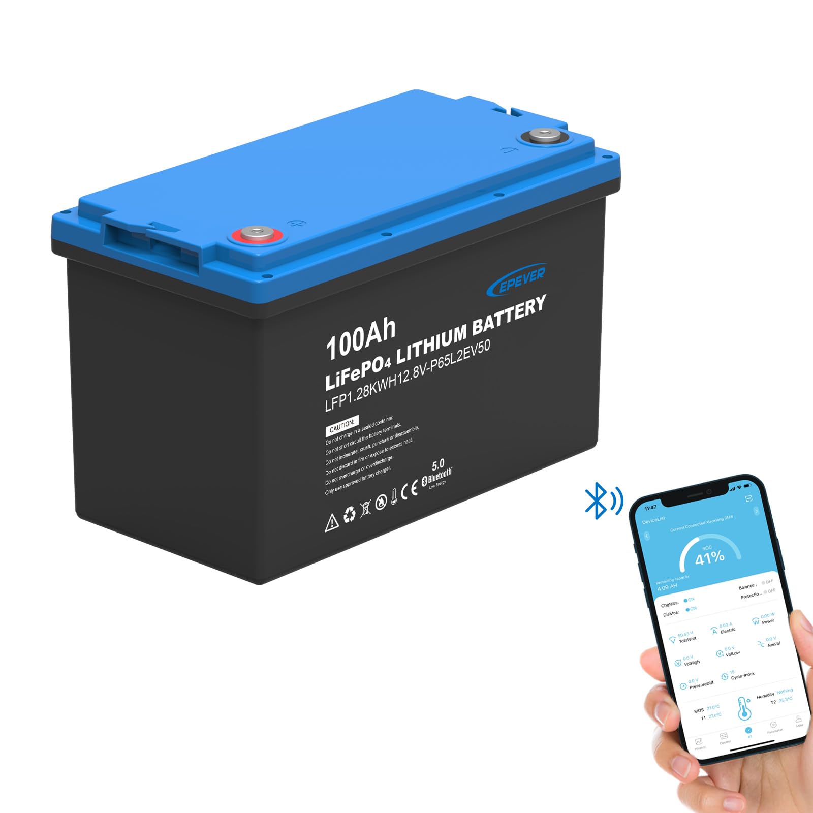 EPEVER Batteria al litio LiFePO4 12,8 V, 100 Ah con BMS e app integrate, auto-riscaldamento inferiore a 0 °C, celle LiFePO4 classe A, adatta per camper, barche, campeggio, roulotte, accumulo di