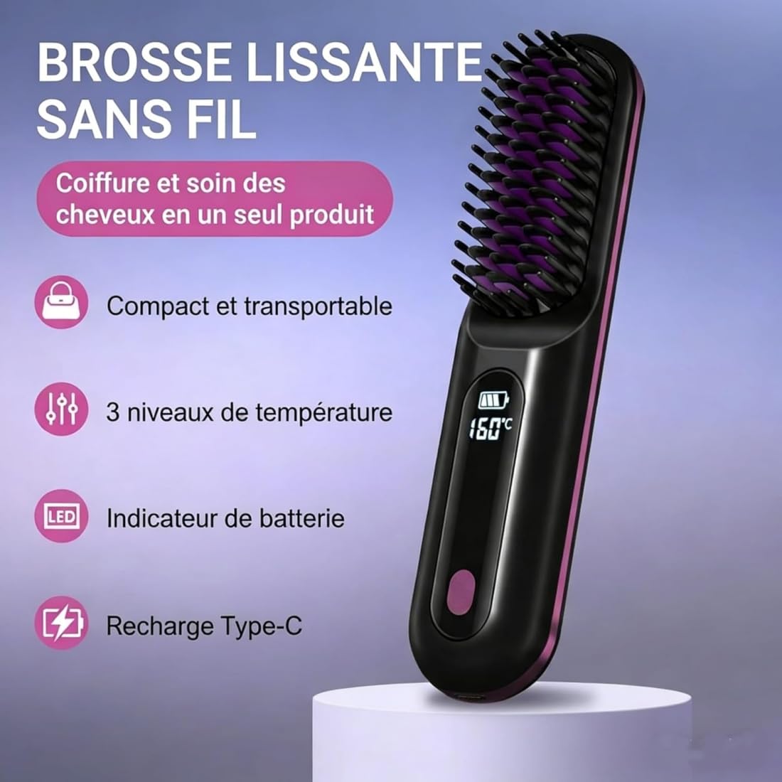 Monarch Stylingbürste für kurzes Haar - Original Styling BüRste, Kabellose Glättbürste mit LED-Anzeige, 3 Temperaturstufen 160-200°C, Wiederaufladbare BüRste für Volumen & Styling (Lila)