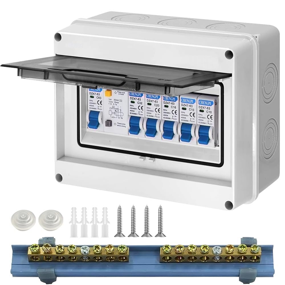 Consumer Unit Circuit Breaker, Garage Consumer Unit, IP65 Waterproof Consumer Unit, Plastic Leakage Circuit Breaker with Fuse Box for Garage, Caravan, Workshops (5 Way)