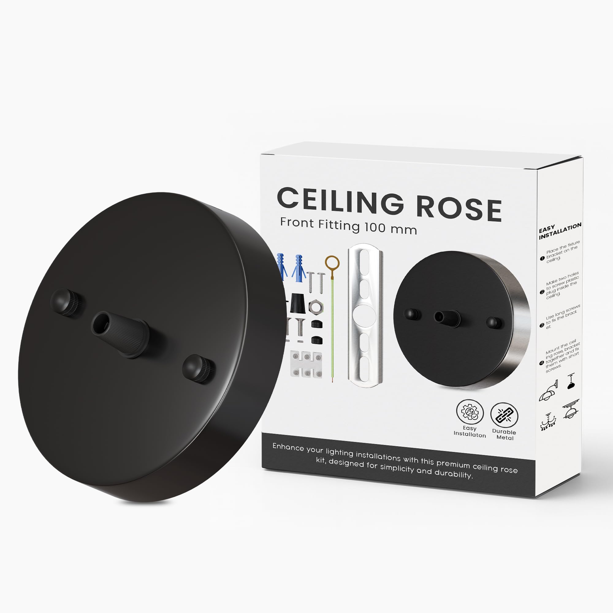 100mm Black Vintage Ceiling Rose with Metal Cord Grip Round Canopy Kit Pendant Light Fitting Single Front Side Fitting Cover Plate with Accessories for Chandeliers Hanging Lamps Wall Lights