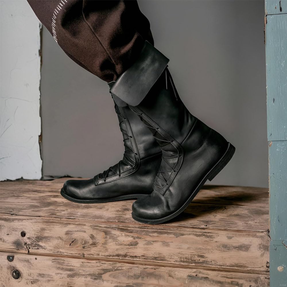 Stivali Da Cavaliere Pirata, Scarpe Medievali in Pelle PU Con Lacci Fatte a Mano per Attività Cosplay